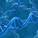 Blauer DNA-Strang vor blauem Hintergrund
